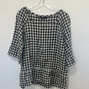 Crown linen designs Black White Checkered Women's Top XL peplum short sleeve